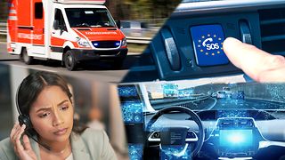 Unfall-Fahrzeug und Notrufzentrale. Ein Rettungswagen wird zum Unfallort geschickt.