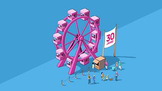 Ein Riesenrad und eine Fahne, auf der steht: 30 Jahre.