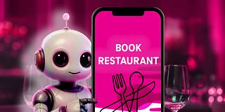 Robot booking a table on a smartphone.
