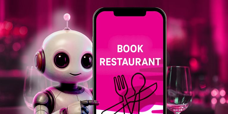 Robot booking a table on a smartphone.