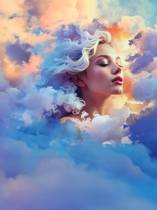 Eine Frauengesicht taucht in Wolken