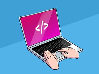 Hände bedienen Laptop. Auf dem Bildschirm ist das Symbol für Open Source zu sehen.