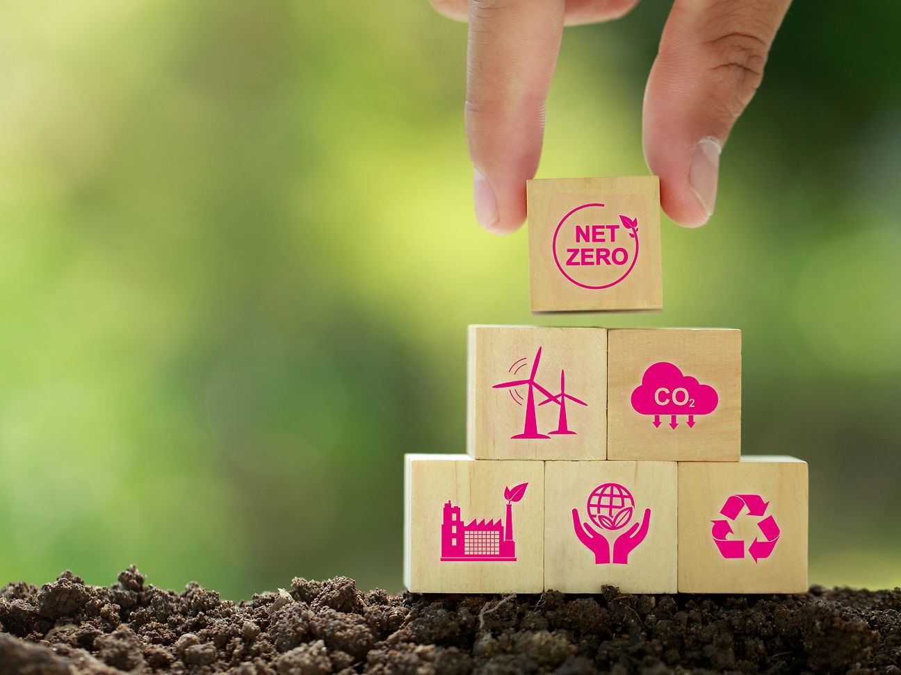 Five wooden blocks represent building blocks for climate neutrality.