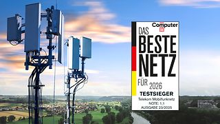 Testsiegel der Computer Bild vor einer ländlichen Naturlandschaft. Im Vordergrund wird ein 5G-Mobilfunkmast gezeigt.