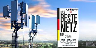 Testsiegel der Computer Bild vor einer ländlichen Naturlandschaft. Im Vordergrund wird ein 5G-Mobilfunkmast gezeigt.