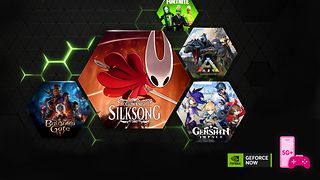 Grafik Hollow Knight: Silksong, Baldur's Gate 3, Genshin Impact, Fortnite, ARK,  Logos von NVIDIA GeForce NOW, 5G+ Gaming Icon.