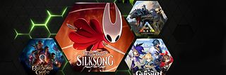 Grafik Hollow Knight: Silksong, Baldur's Gate 3, Genshin Impact, Fortnite, ARK,  Logos von NVIDIA GeForce NOW, 5G+ Gaming Icon.