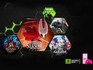 Grafik Hollow Knight: Silksong, Baldur's Gate 3, Genshin Impact, Fortnite, ARK,  Logos von NVIDIA GeForce NOW, 5G+ Gaming Icon.