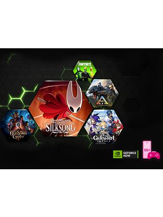 Graphic Hollow Knight: Silksong, Baldur's Gate 3, Genshin Impact, Fortnite, ARK, logos of NVIDIA GeForce NOW , 5G+ Gaming icon.
