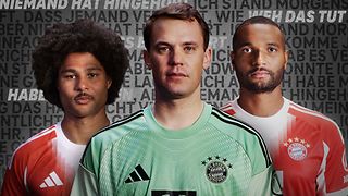 Image shows footballers Serge Gnabry, Manuel Neuer, Jonathan Tah and the slogan "Gemeinsam # GegenHassImNetz"
