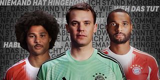 Image shows footballers Serge Gnabry, Manuel Neuer, Jonathan Tah and the slogan "Gemeinsam # GegenHassImNetz"