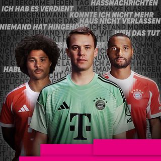 Image shows footballers Serge Gnabry, Manuel Neuer, Jonathan Tah and the slogan "Gemeinsam # GegenHassImNetz"