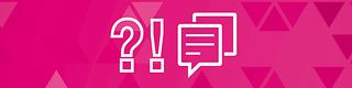FAQ - weißes Fragezeichen, Ausrufezeichen und Dialogsymbole auf magentafarbenen Hintergrund.