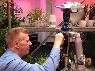 Robotic open heart surgery: Phil Cornforth prepares the avatar for its public appearance in Bonn.