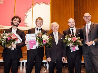 The winners of the 2015 International Telekom Beethoven Competition in Bonn with Timotheus Höttges