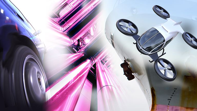 Bildmontage zeigt verschiedene 5G-Anwendungsbereiche für Auto, Maschinen und Drohnen.
