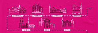 Graphic with illustrated sights in Bonn, Berlin, Darmstadt, Hamburg, Munich, Frankfurt, Stuttgart.