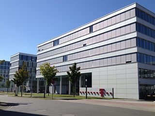 view of the main entrance of Telekom building in Darmstadt