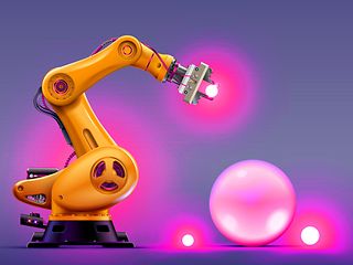 Robot arm holds magenta-luminous ball