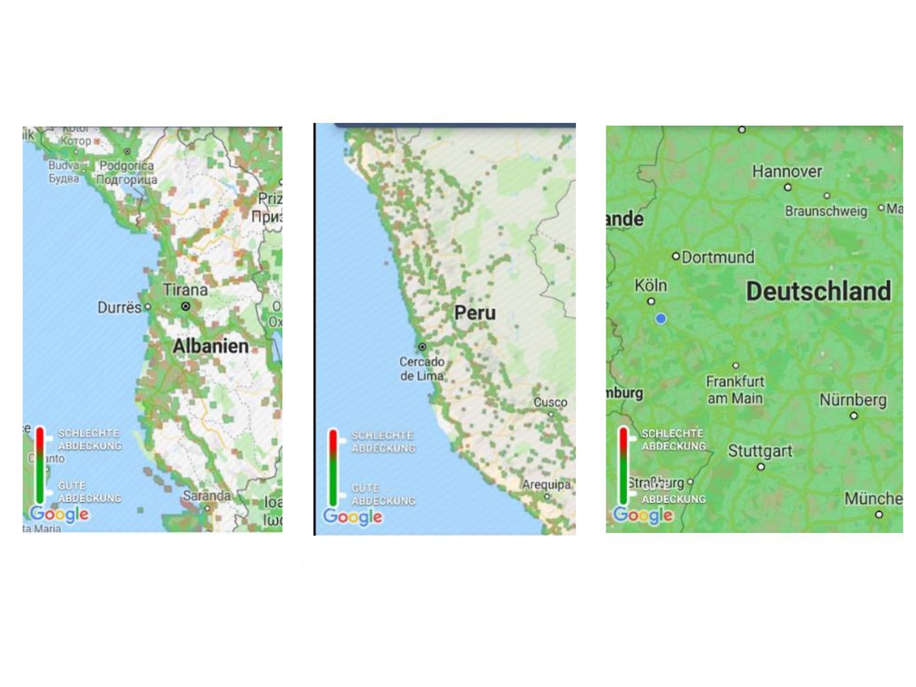 Measuring points to mobile phone networks in Albania, Peru and Germany.