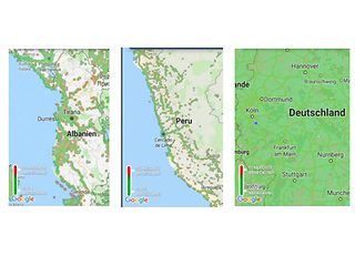 Measuring points to mobile phone networks in Albania, Peru and Germany.