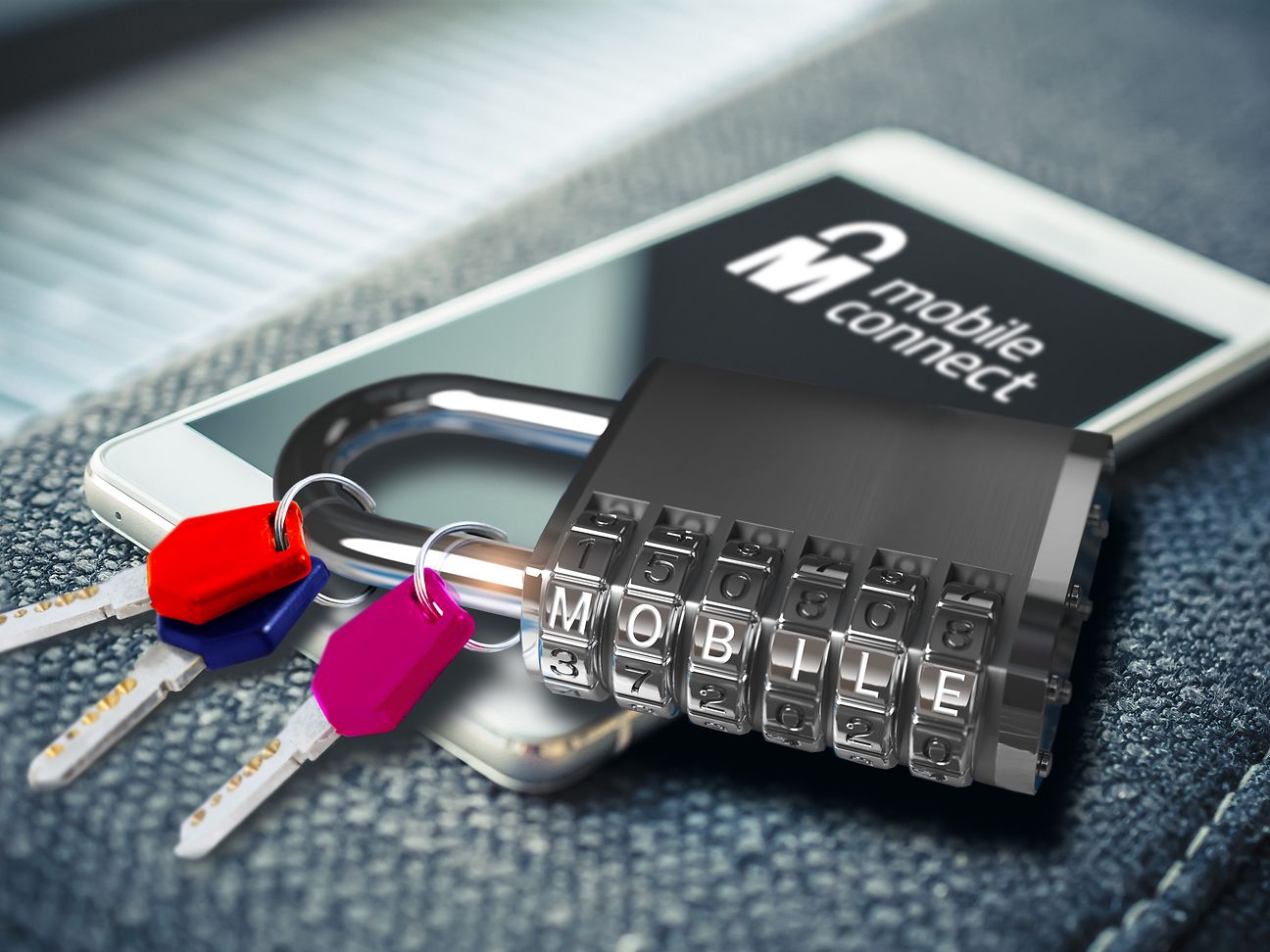 Lock with the word Mobile in single capital letters and a smartphone displaying the Mobile Connect logo on the screen