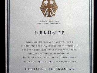 Postreform II: Urkunde vom 20.12.1994 über die Umwandlung der Deutschen Bundespost in die Deutschen Telekom AG. Postreform II.