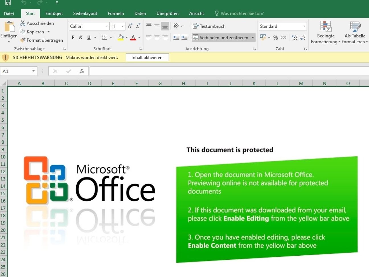 Figure 2Recent TA505 Excel document convincing the victim to activate Macros.