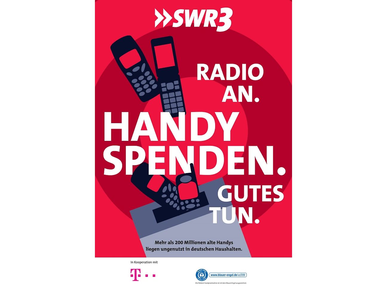 Man sieht vier alte Handys in digitaler Optik, die in eine graue Sammelbox gesteckt werden.