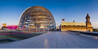 Roof terrace and dome of the Reichstag building in Berlin.