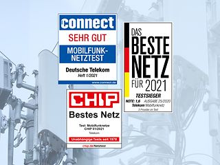 Testsiegel mit Auszeichnungen für den ersten Platz in den Netztests von ComputerBild, Chip und connect vor einem Antennenmast.