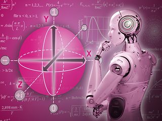 A robot looks at a wall on which numerous formulas are written and the Bloch spehre is depicted.