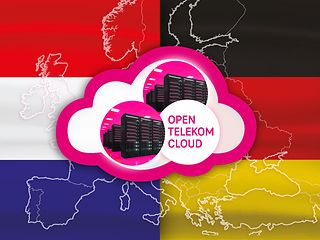 Zu sehen ist eine Wolke mit drei Serverschränken sowie die deutsche und die niederländische Flagge.