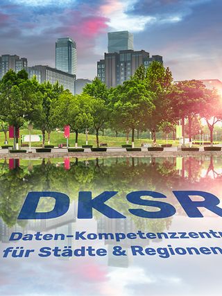 Illustration city and logo Datenkompetenzzentrum für Städte und Regionen - DKSR. 