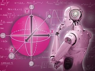 Das Bild zeigt einen Roboter der nachdenklich auf eine Tafel mit Formeln schaut.