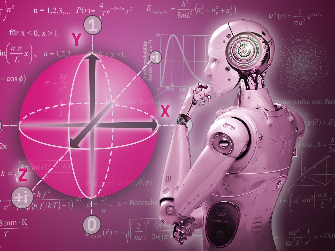 Das Bild zeigt einen Roboter der nachdenklich auf eine Tafel mit Formeln schaut.