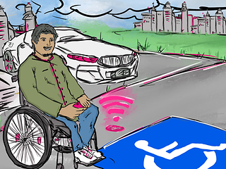 Zeichnung René Jeroch: Mann im Rollstuhl am vernetzten Parkplatz.