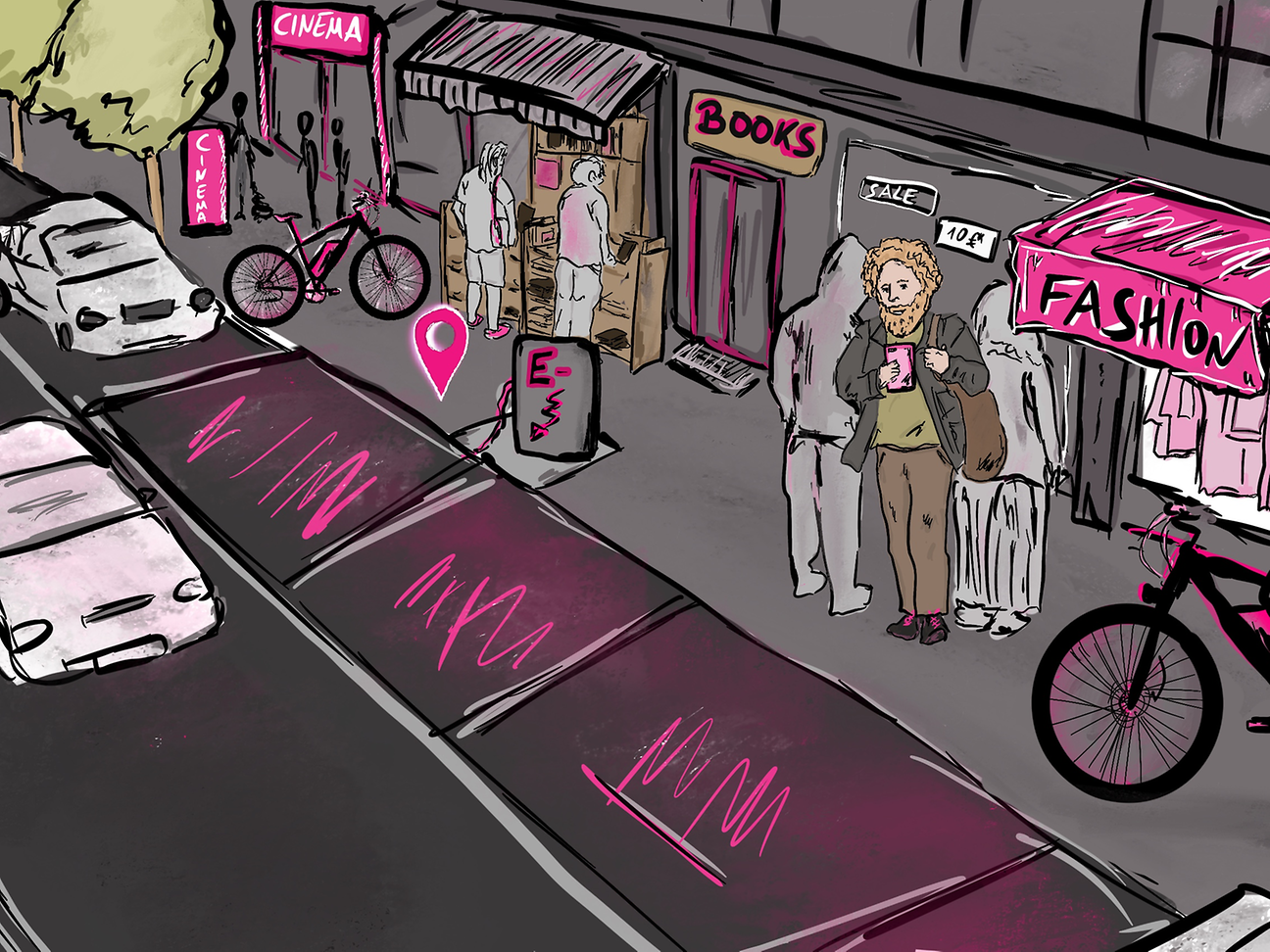 Drawing René Jeroch: Shopping street with many pedestrians and good traffic connections.