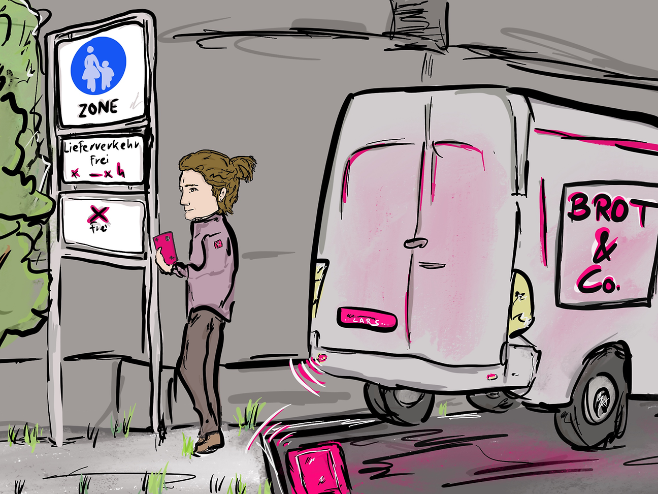 Drawing René Jeroch: Delivery truck on connected parking in delivery zone.