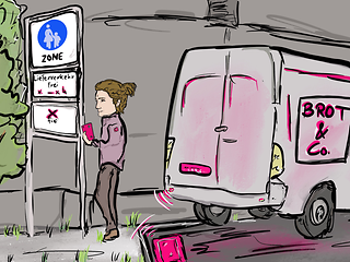 Drawing René Jeroch: Delivery truck on connected parking in delivery zone.