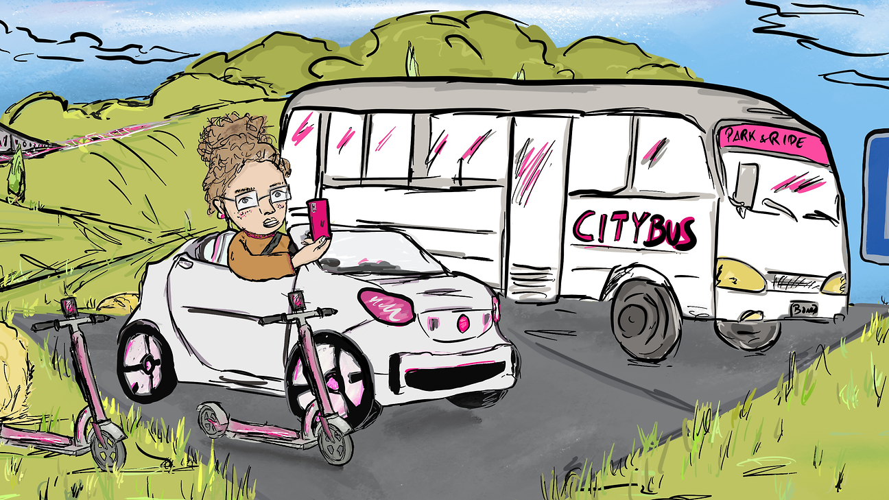 Drawing René Jeroch: Woman arrives in car at connected train stop.