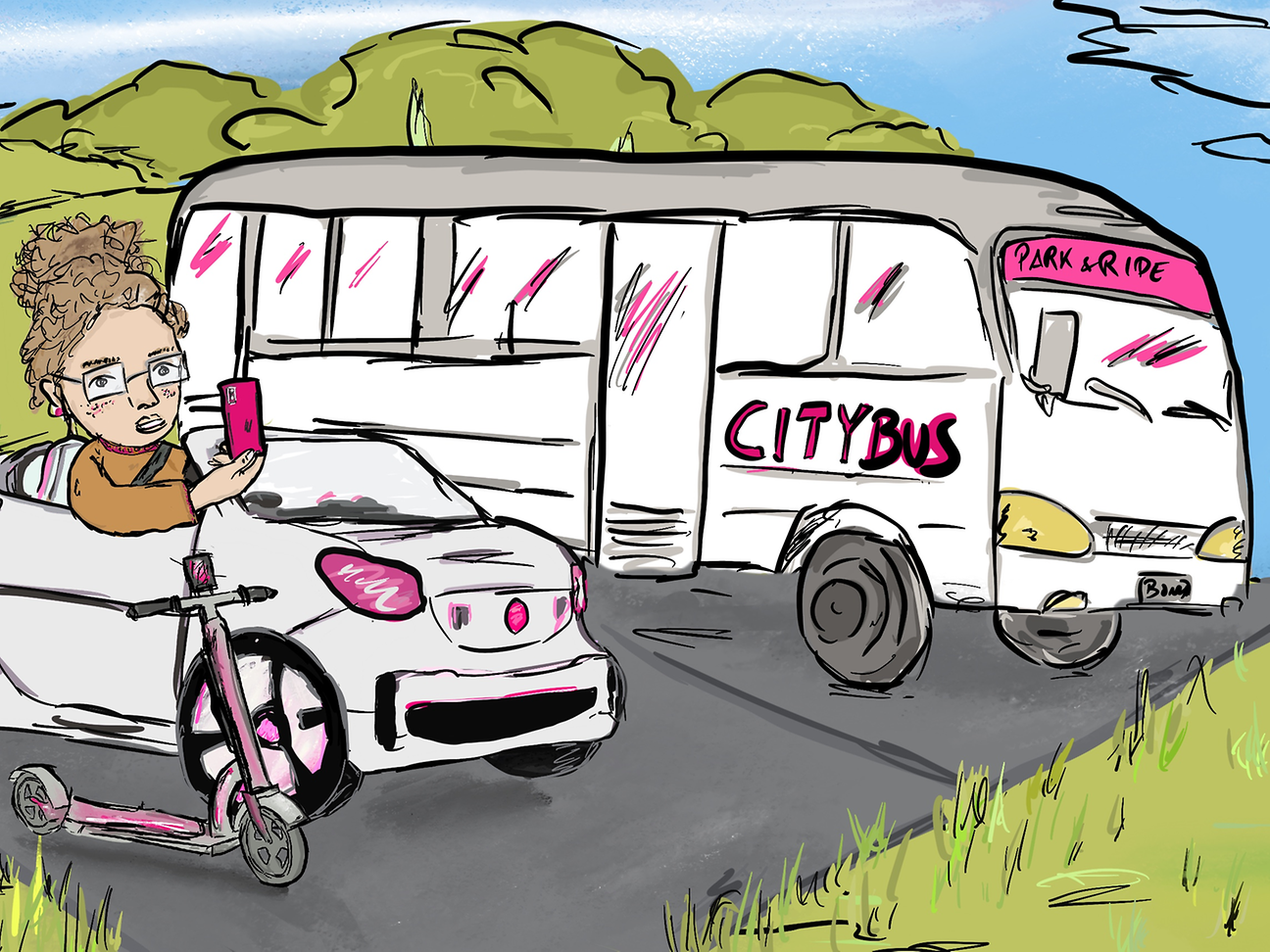 Drawing René Jeroch: Woman arrives in car at connected train stop.