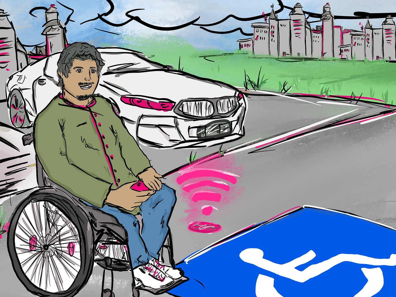 Drawing René Jeroch: Man in wheelchair at connected parking lot.