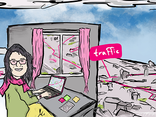 Drawing René Jeroch: City planner at her desk with a view of the city.