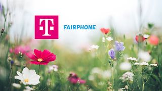Logo von Telekom und Fairphone mit Blumenwiese