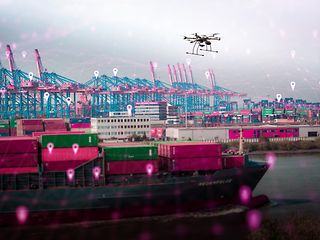 An HHLA Sky Drone flies automatically in the Port of Hamburg. 
