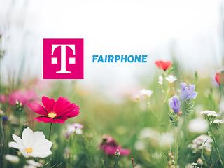 Logo of Telekom and Fairphone in front of a flower meadow