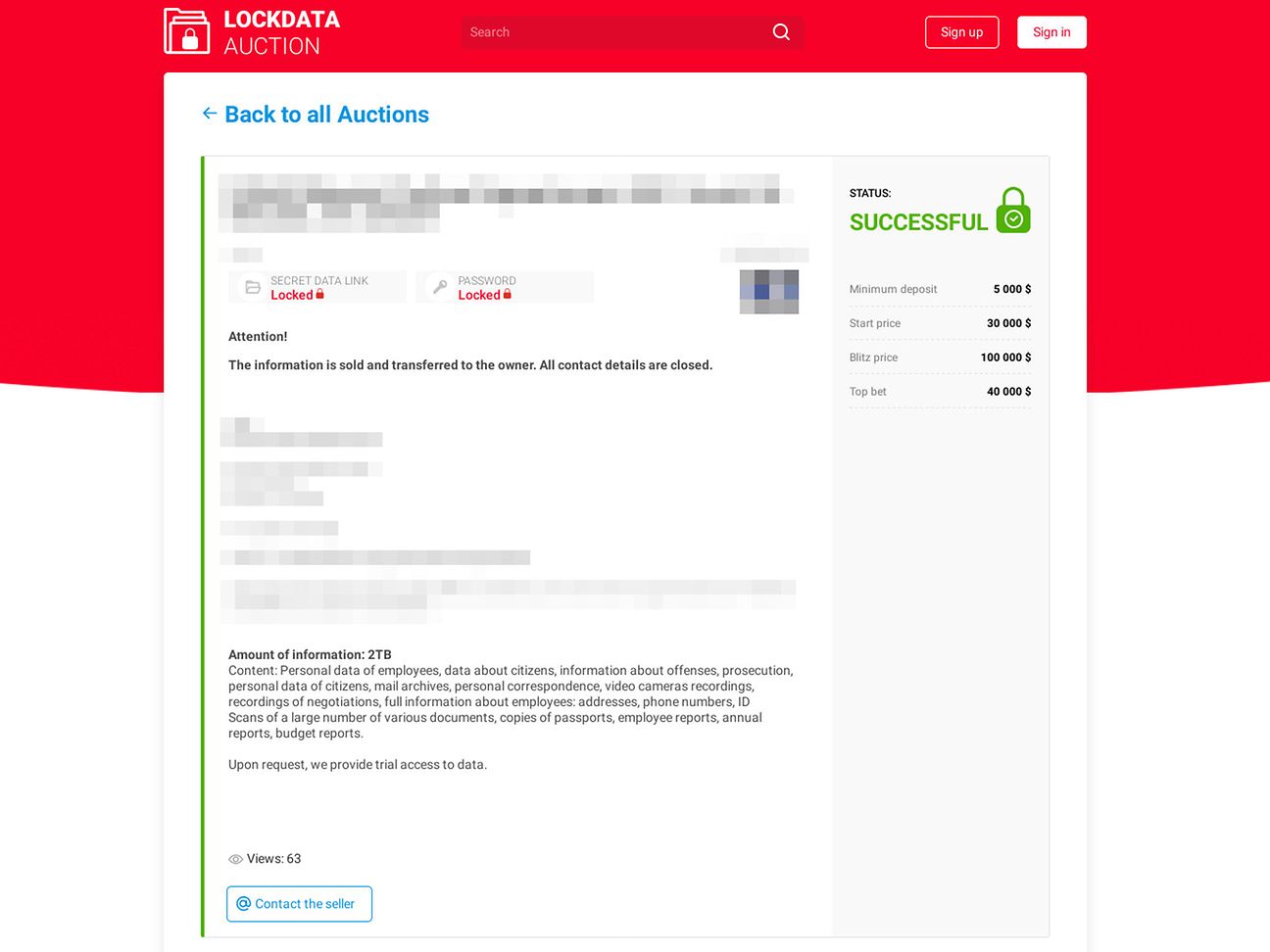 Figure 5: A completed auction on LOCKDATA Auction.