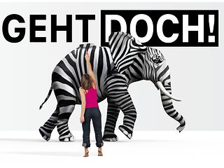 Es wird eine Person gezeigt, die mit weißer und schwarzer Farbe einen Elefanten wir ein Zebra gestaltet.