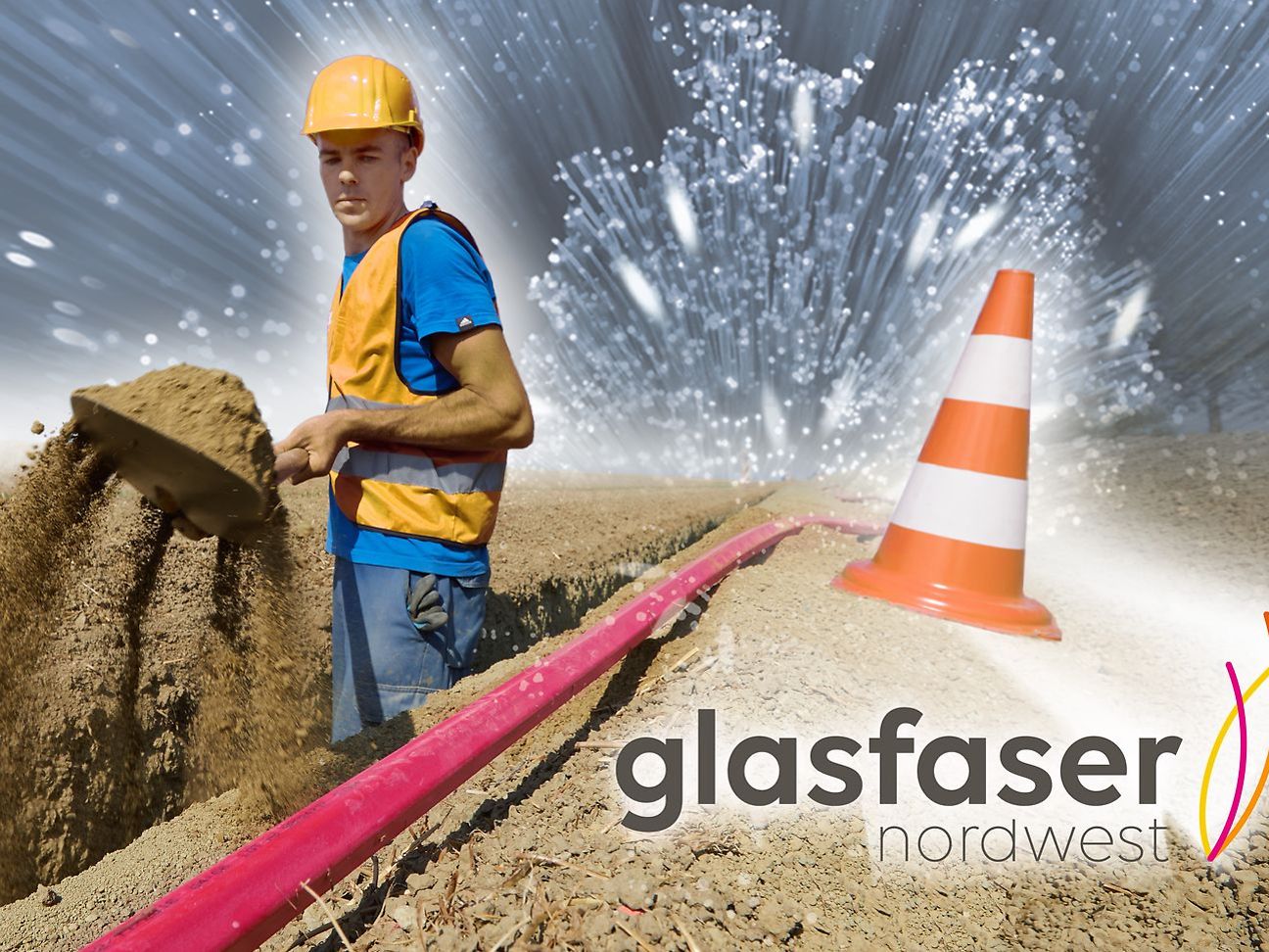 Bauarbeiter. Firmenlogo Glasfaser Nordwest